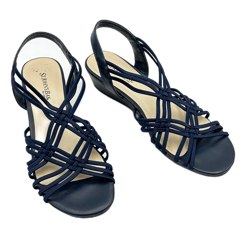 St‎ Johns Bay Strappy Wedge Sandal Sz 9 Slip On Stretchy Navy Classic Summer